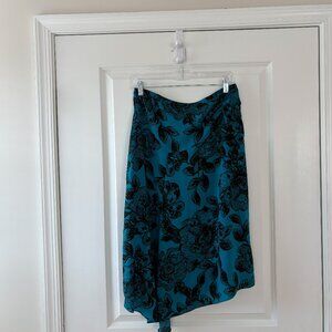 Worthington Asymmetrical Blue and Black Print Cinched Waist Midi Skirt Size 8